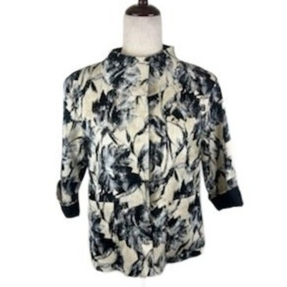 Lafayette 148 New York Floral Print Blouse Women's Petite Size Small Blue Black